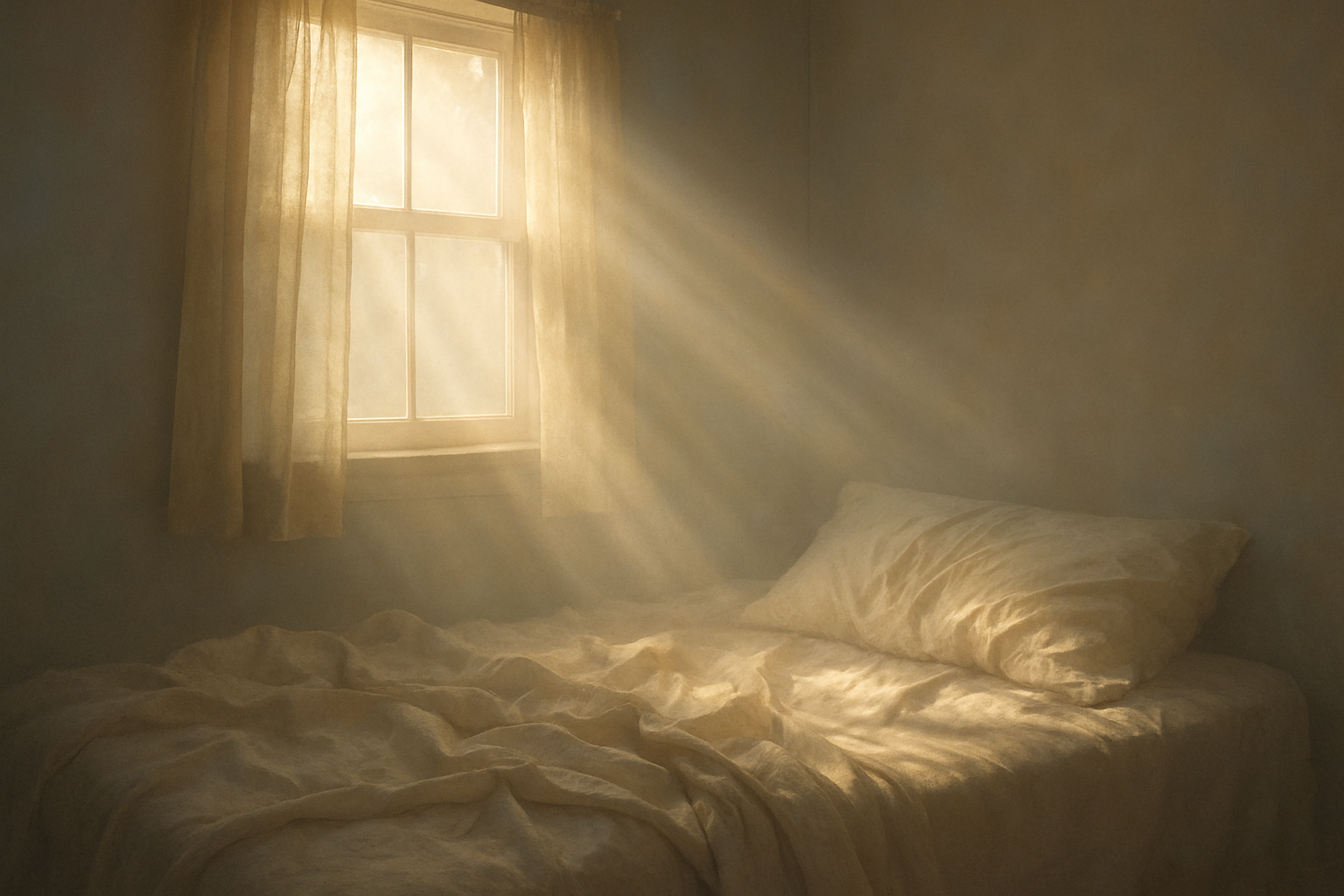 A peaceful morning scene with soft golden sunlight streaming through a window