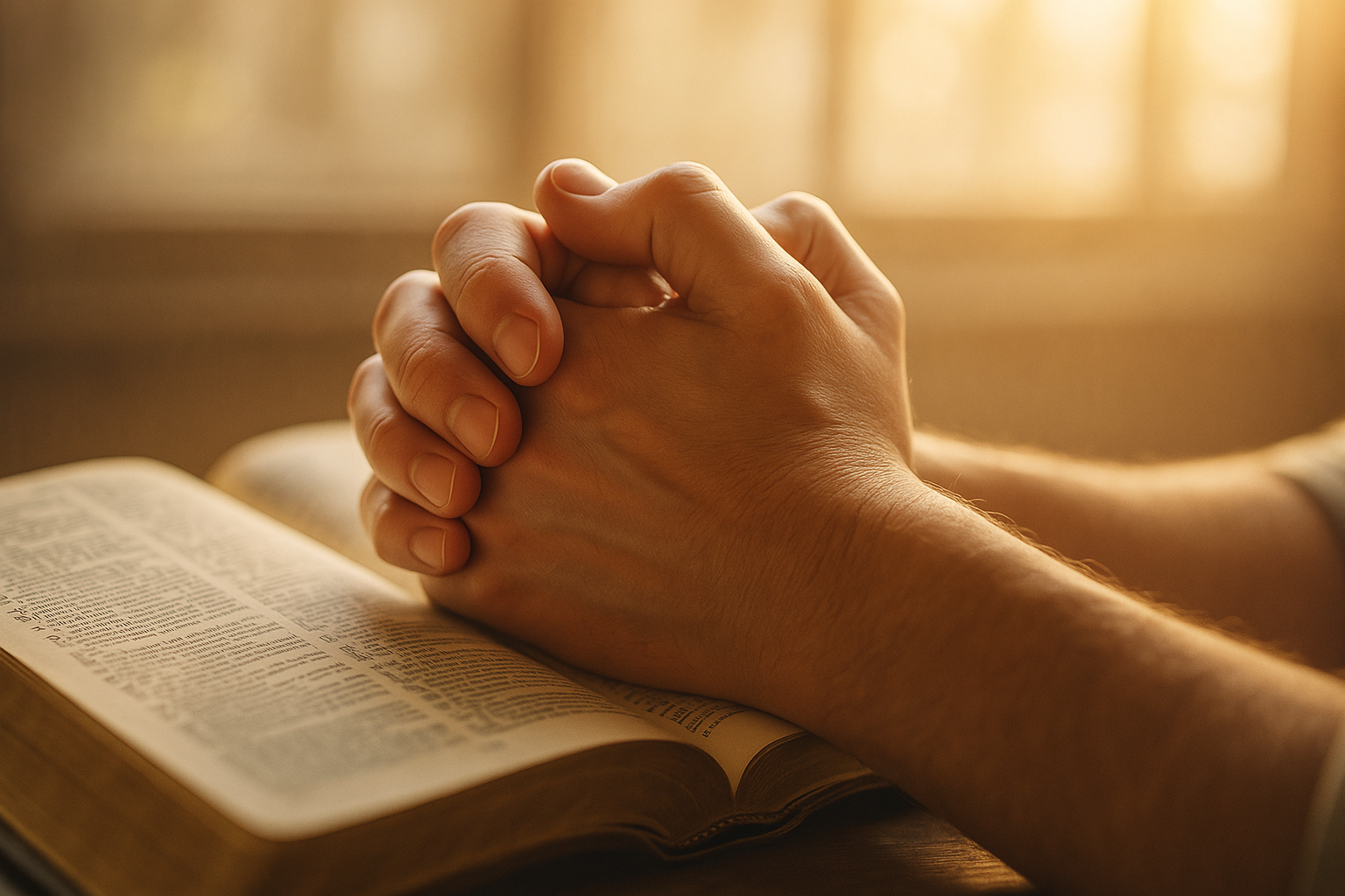 Intimate close-up of hands in prayer over a Bible representing surrender and trusting God's will.