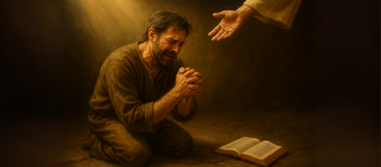 Man kneeling with hands clasped, looking up at an outstretched hand, with a book on a dark background