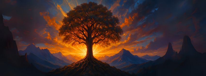 A silhouette of a strong, solitary tree against a vibrant sunset sky, symbolizing the resilience and deep roots of a heart transformed by grace and true repentance.